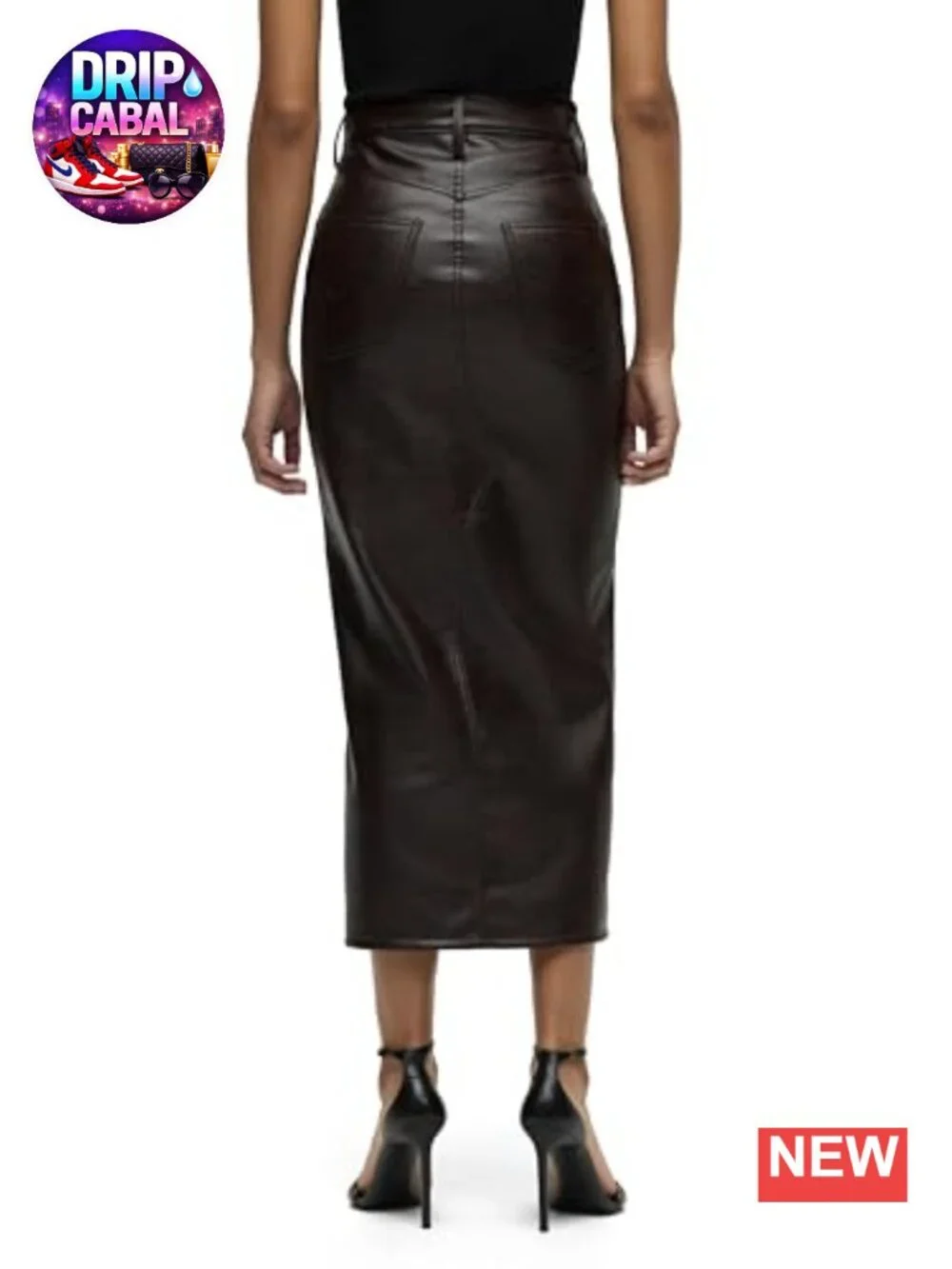 High Rise Midi Vegan Leather Reconstructed Skirt with Front Slit